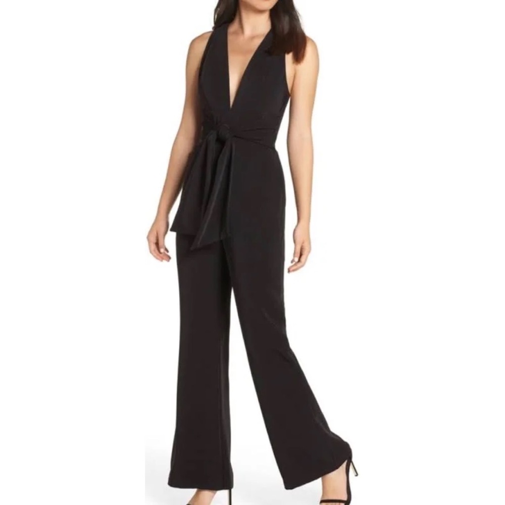 Harlyn Black Sleeveless Plunge V-Neck Tie Waist Wide Leg Jumpsuit Size XL